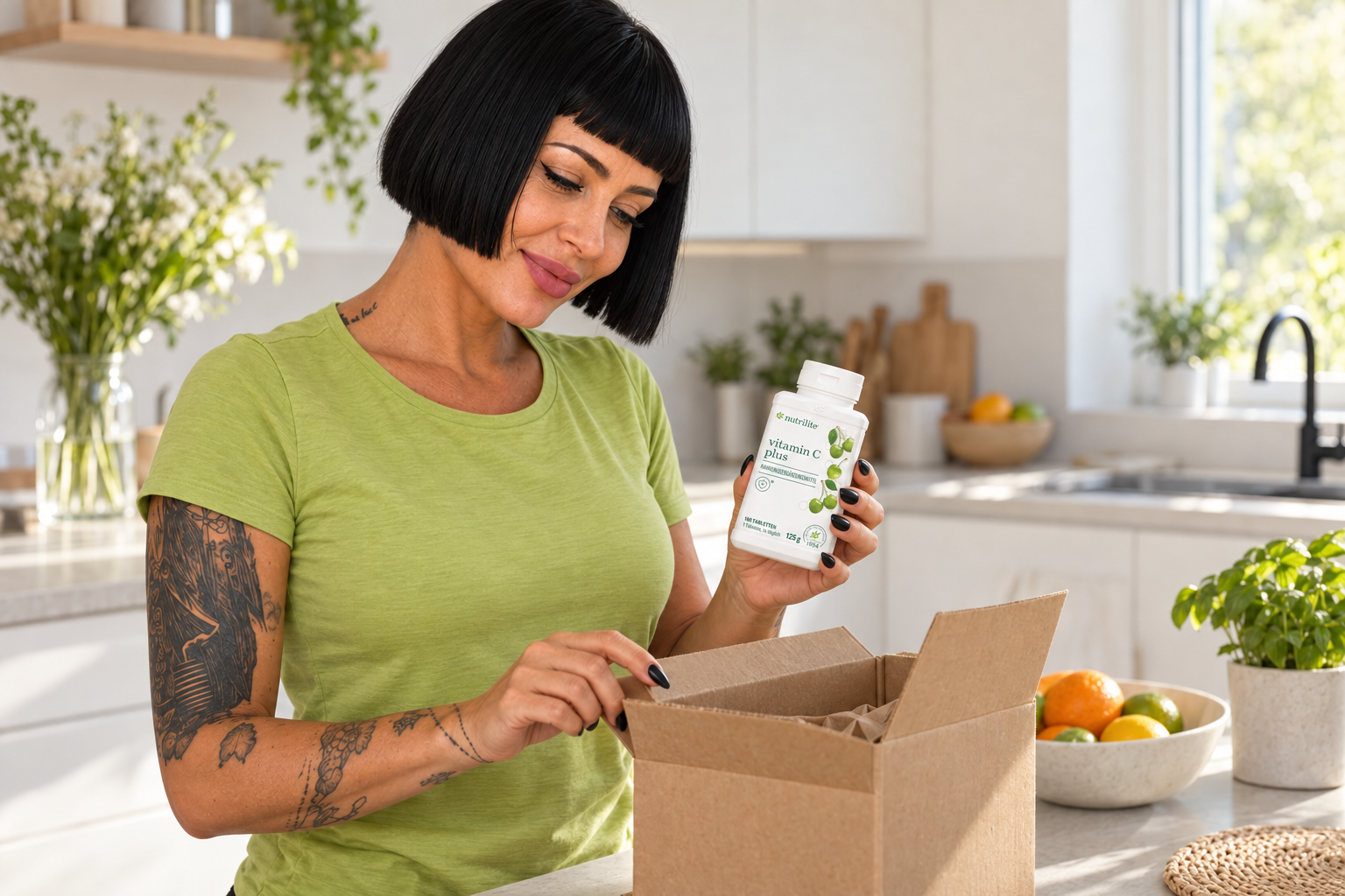 Die Frau mit schwarzem Bob im limettengrünen kurzärmeligen Oberteil packt eine Vitamin-C-Plus-Dose aus einem Lieferkarton aus.