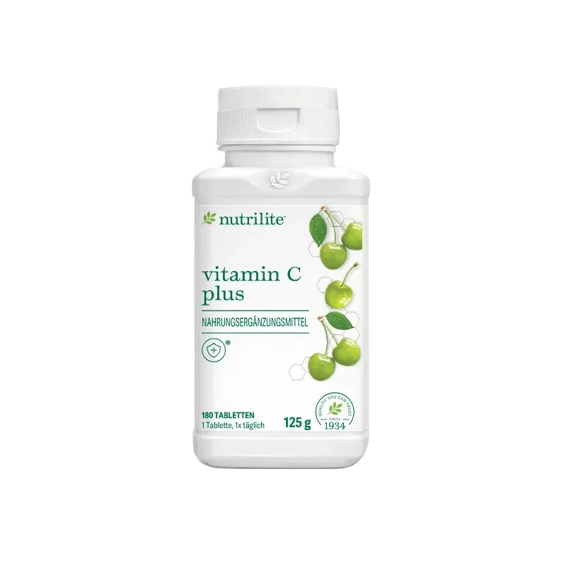 Originalfoto der Nutrilite Vitamin C Plus Dose; unverändertes Etikett mit 180 Tabletten, 125 g und einer Tablette täglich.
