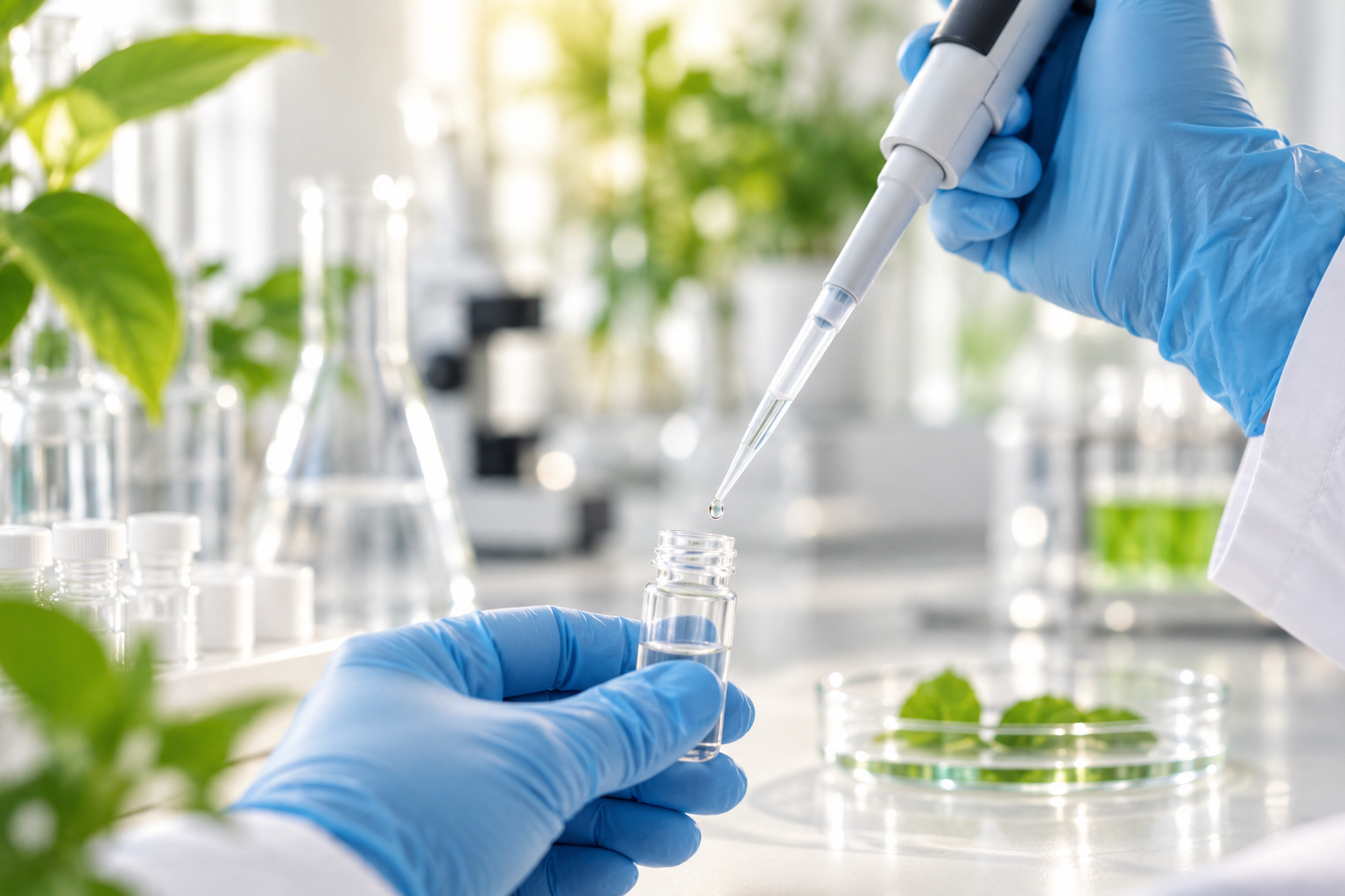 Illustration zu Tests und Kontrollen: Hände mit blauen Laborhandschuhen dosieren mit einer Pipette eine Flüssigkeit in ein Probengefäß.