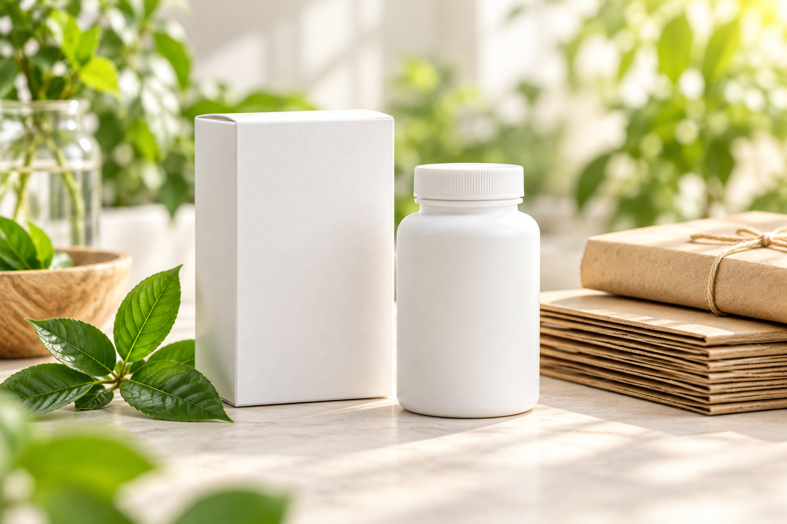 Illustration zu Design und Entsorgung: Eine neutrale weiße Dose mit Karton, gefaltetem Papier und Pappe.