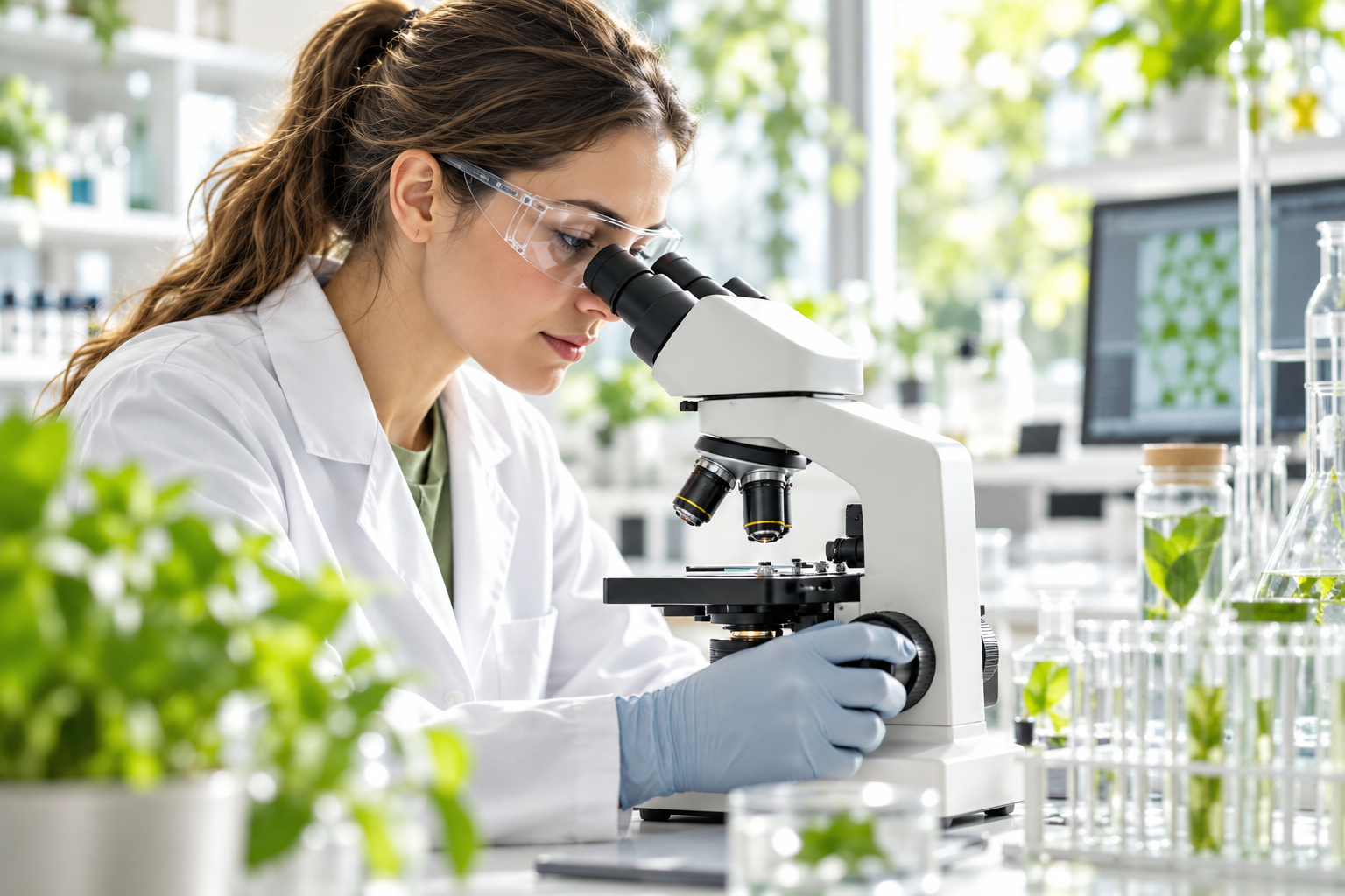 Illustration zur Wissenschaft: Eine Forscherin untersucht eine Probe mit dem Mikroskop in einem hellen Labor.