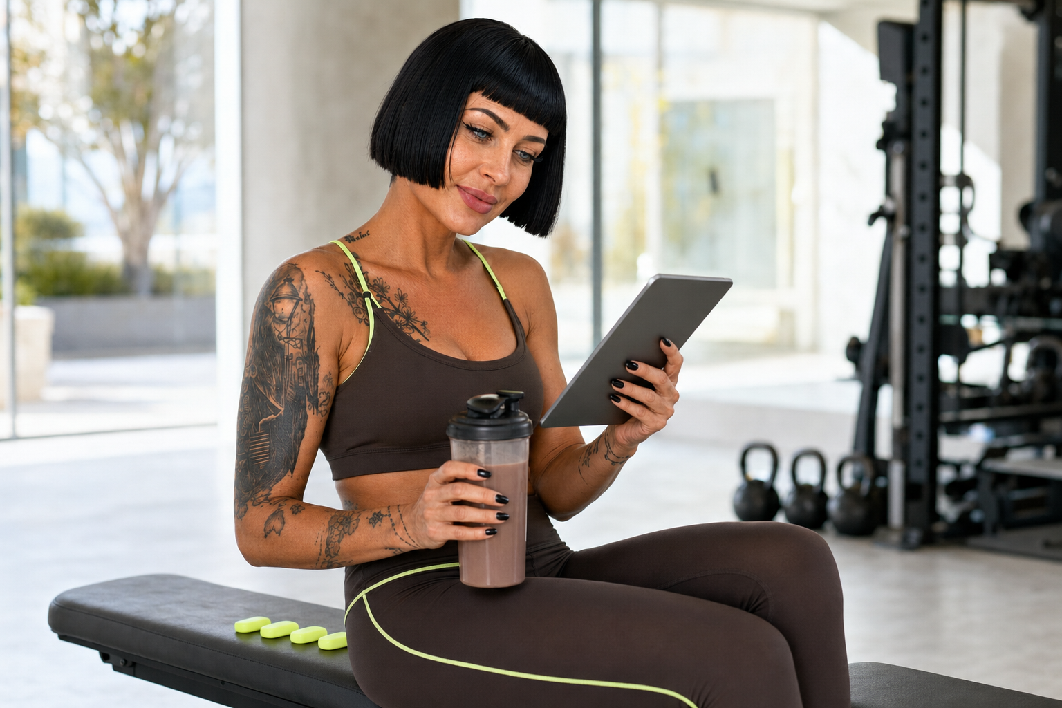 Sportlerin plant mit Tablet und Shake ihre Trainingstage