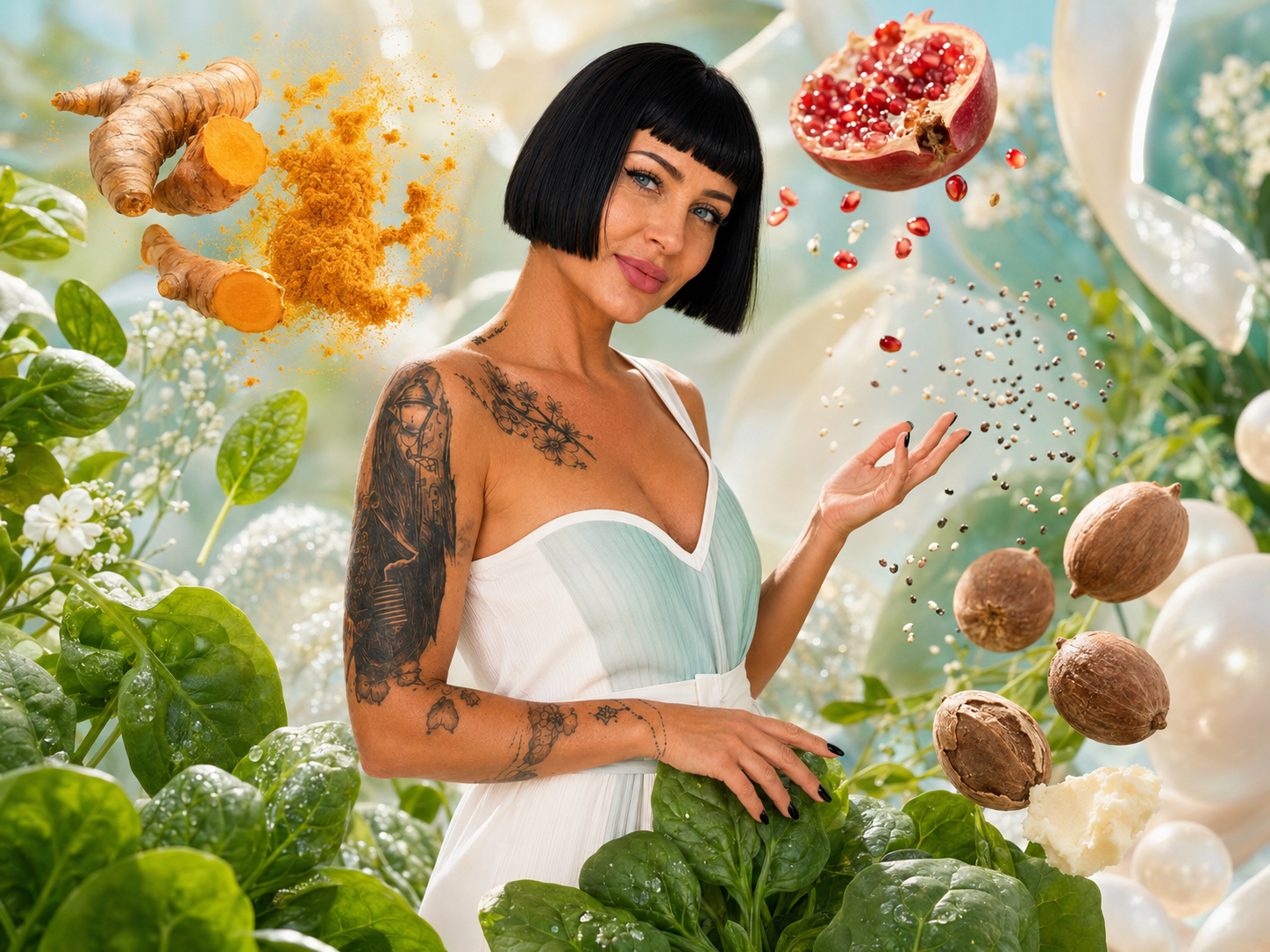 Frau in einem hellen Wirkstoff-Garten mit Spinat, Kurkuma, Granatapfel, Chia und Shea