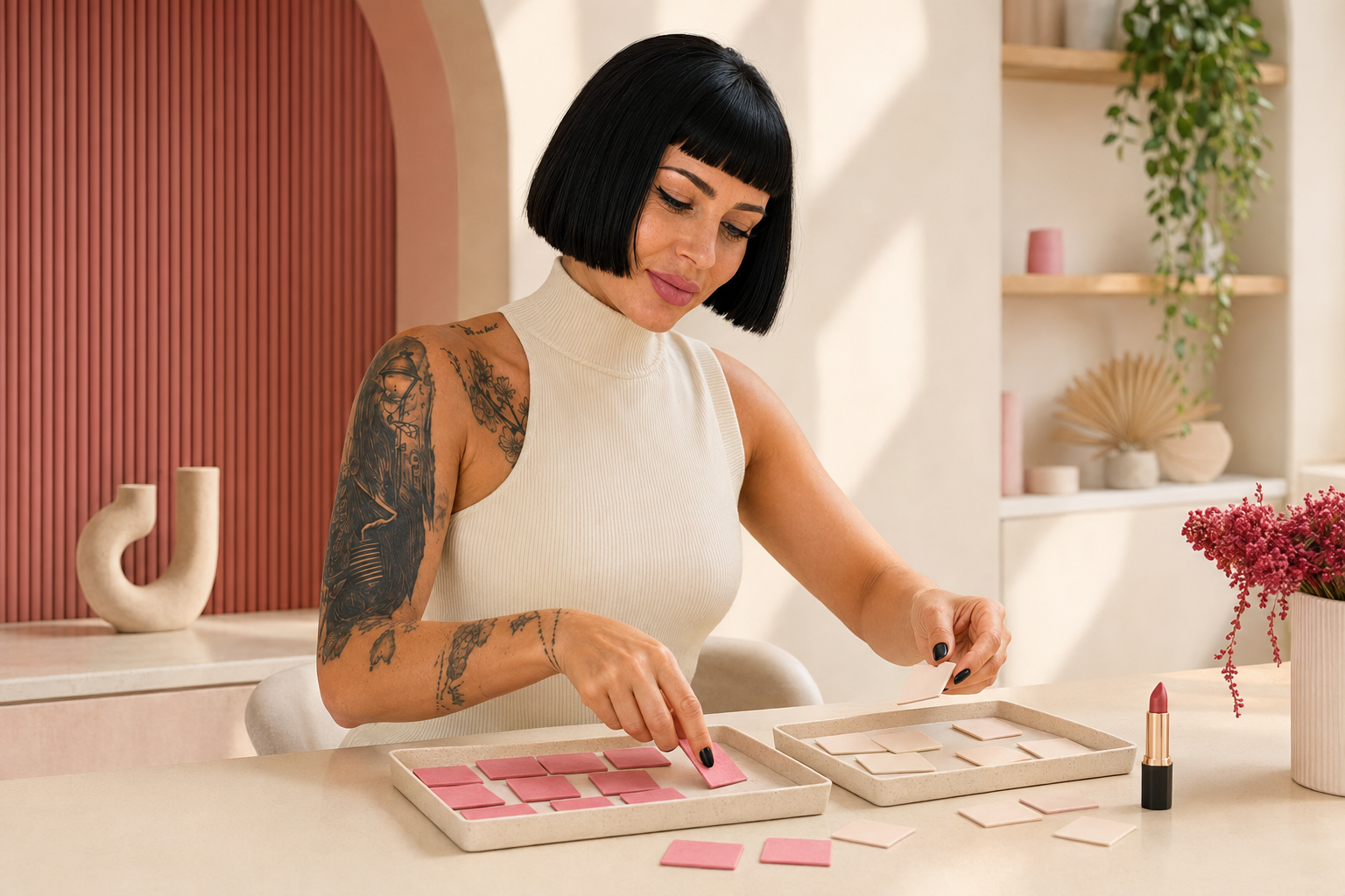 Frau sortiert Beauty-Karten in einer hellen Clean-Beauty-Szene