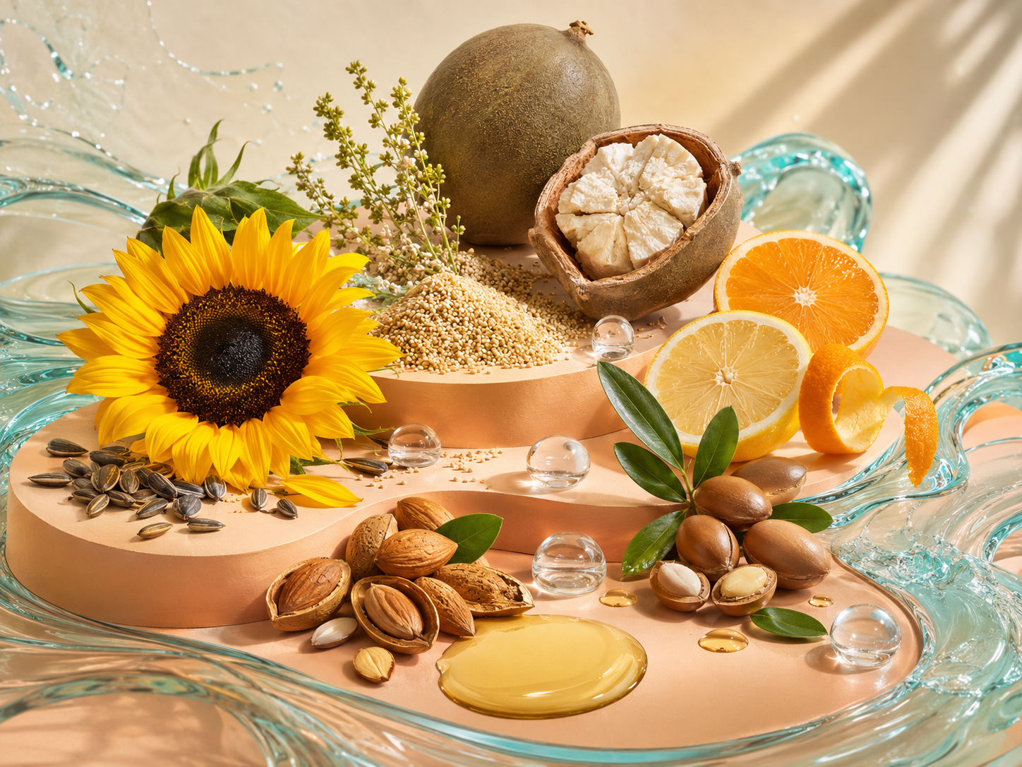 Sonnenblume, Mandel, Quinoa, Argan und Zitrusfrüchte in einer hellen botanischen Komposition