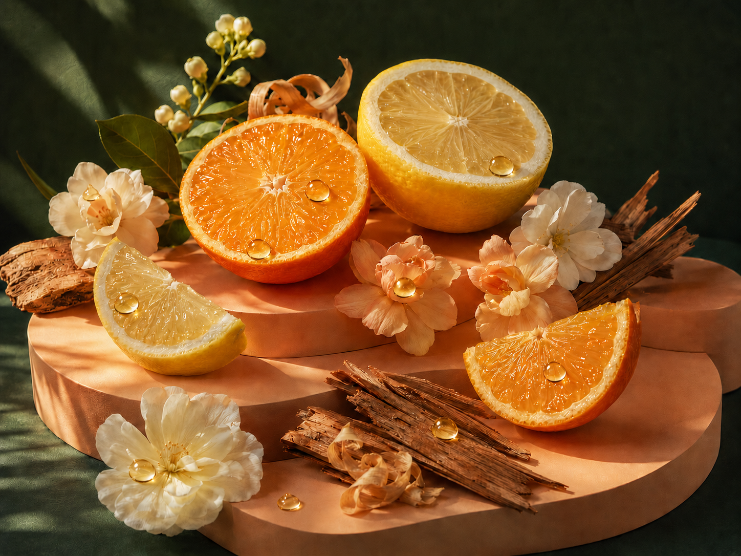 Zitrusfrüchte, zarte Blüten, Zedernholz und Mandeln in einer modernen Duftkomposition