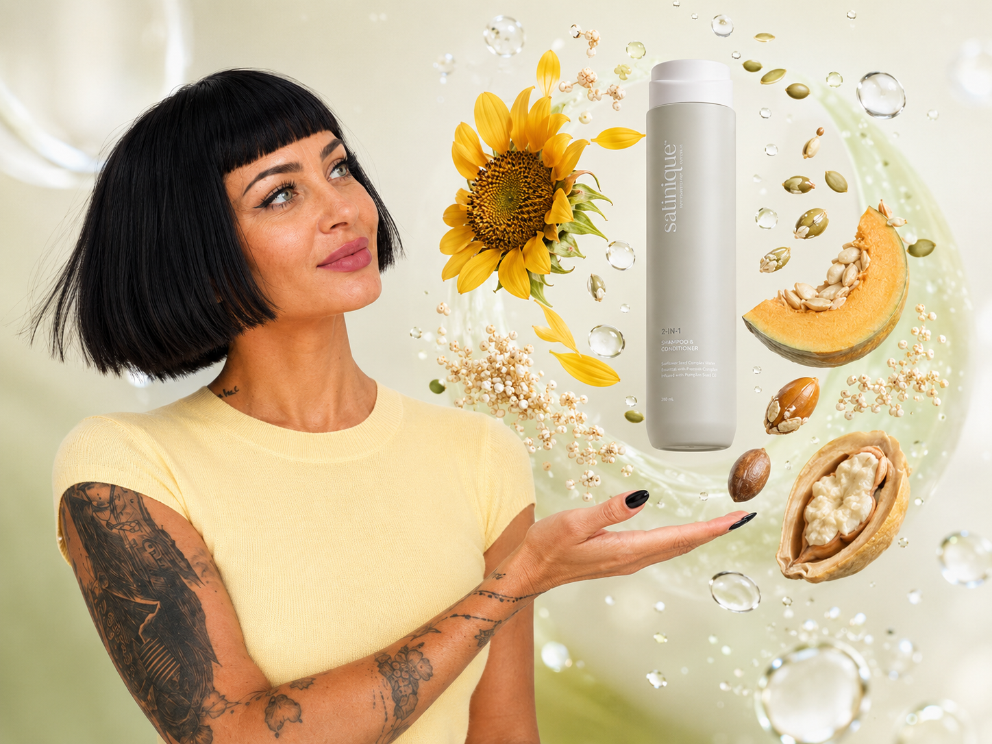 Botanische Inhaltsstoffe und Satinique in einer frischen Beauty-Bildwelt