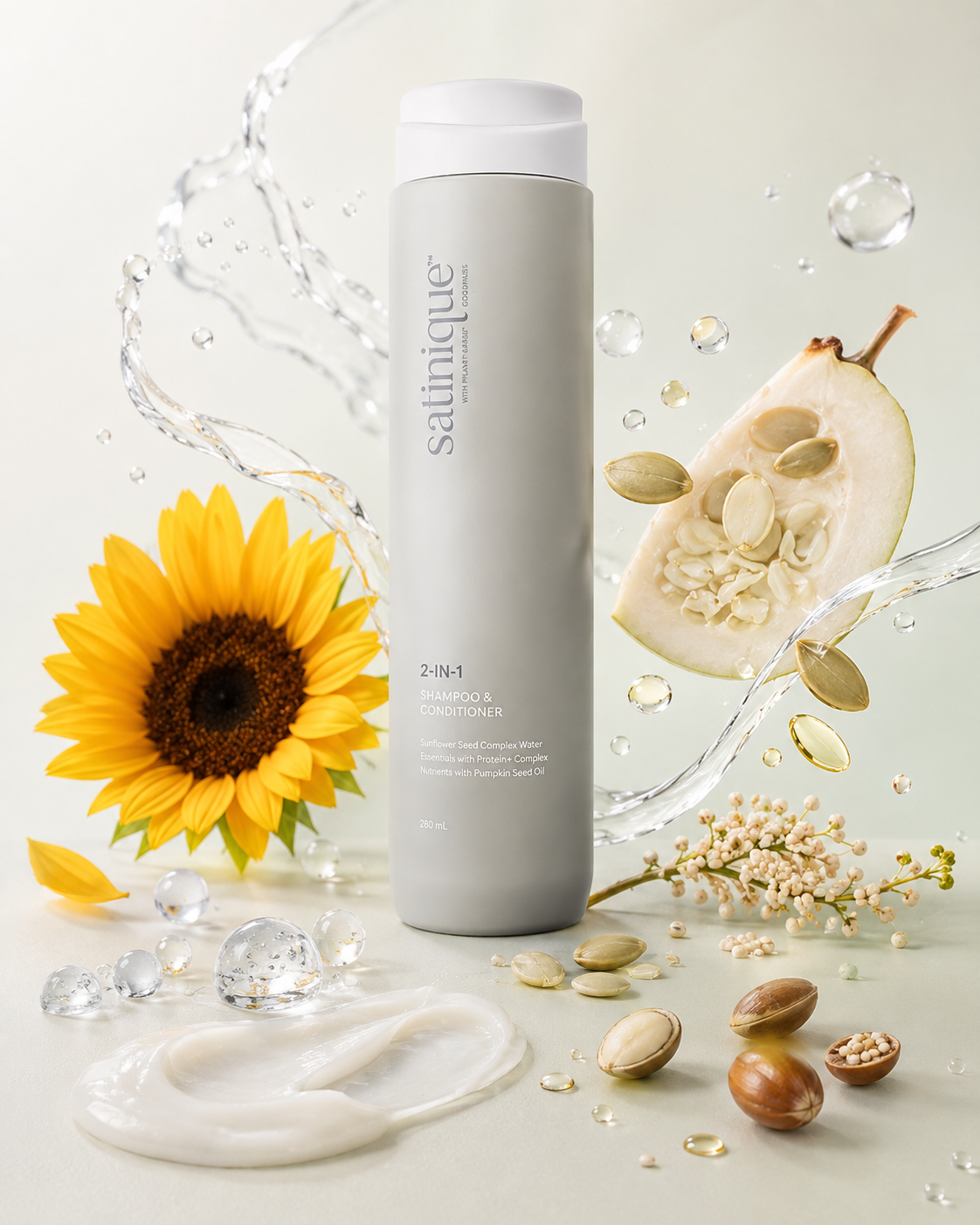 Pflanzliche Inhaltsstoffe, Wassertexturen und Satinique 2-in-1