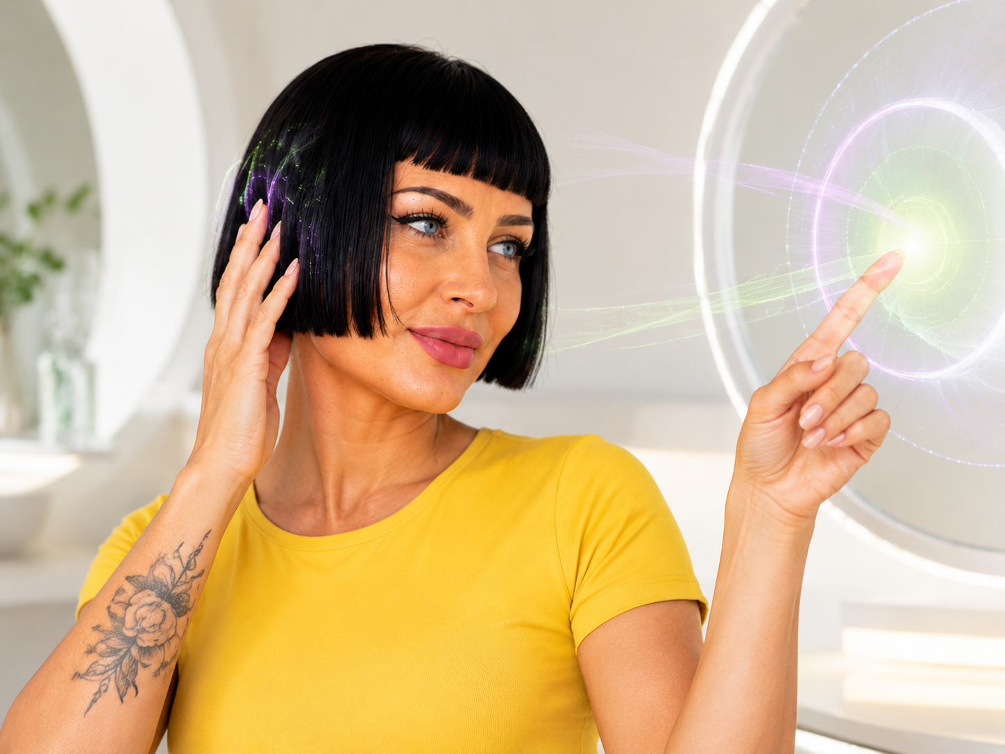 Frau erkundet einen spielerischen Hair Rescue Scanner