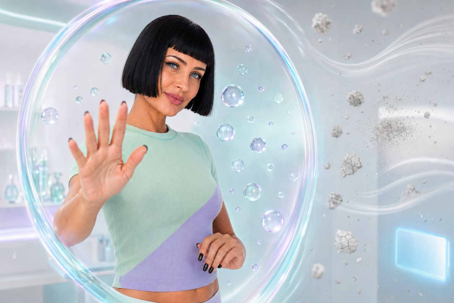 Frau in einem kurzärmeligen Look wird von einem irisierenden Schutzbogen umgeben