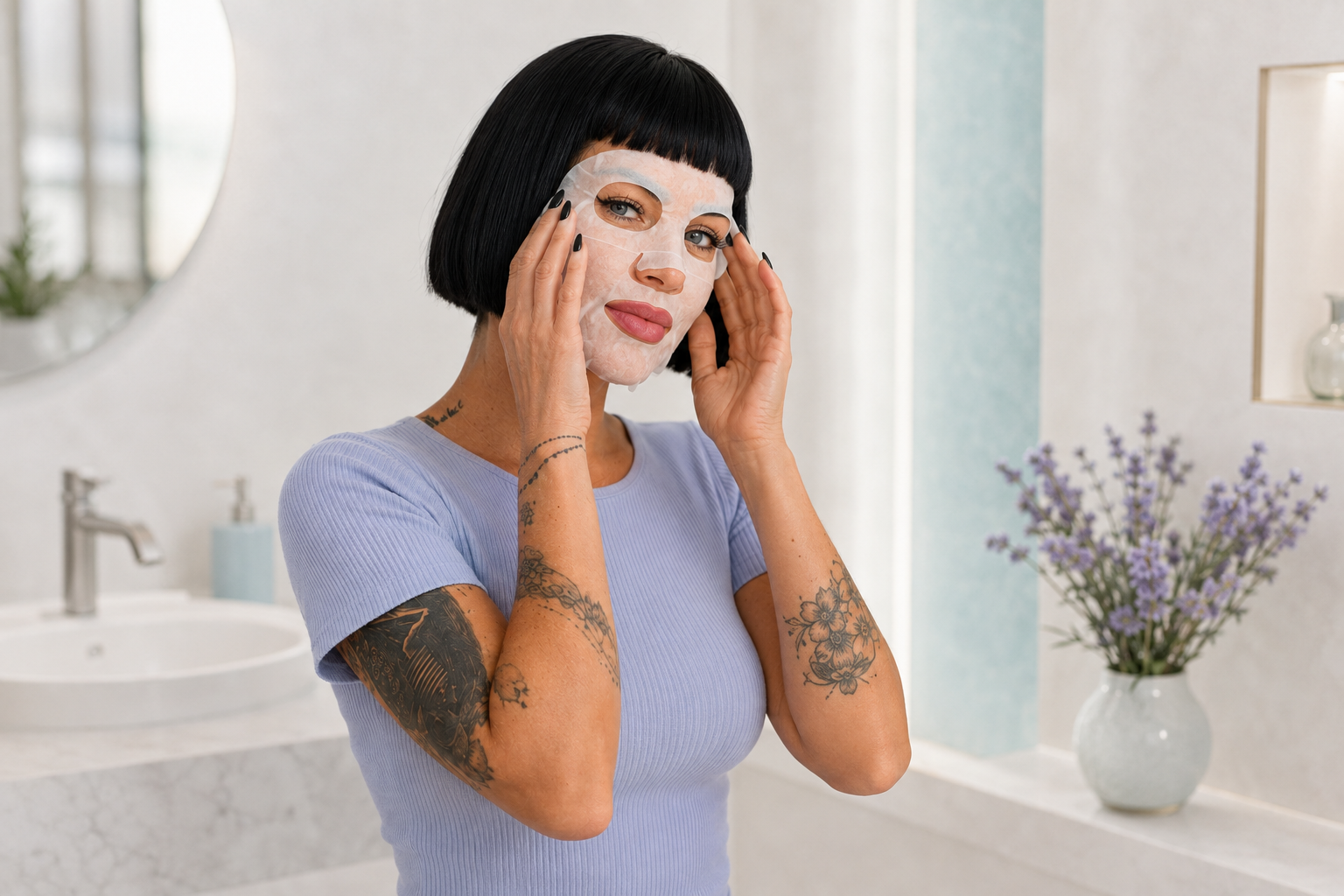 Frau im kurzärmeligen Look passt eine Tuchmaske sorgfältig an ihr Gesicht an