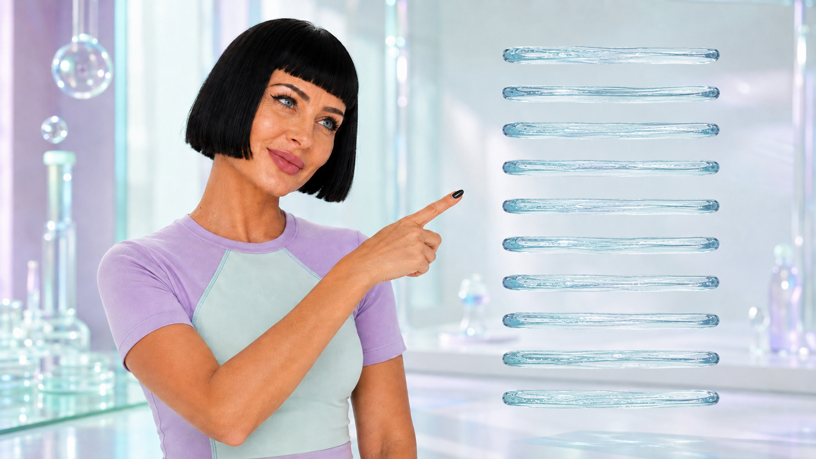 Frau im kurzärmeligen Look zeigt auf schwebende transparente Feuchtigkeitsebenen