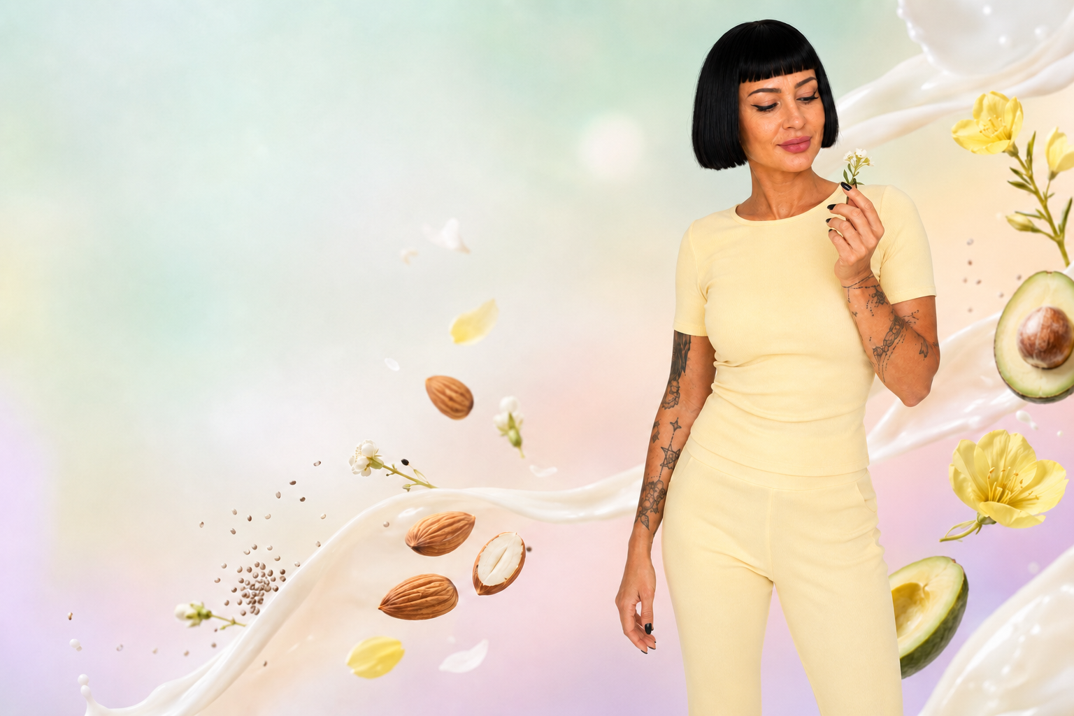 Frau in gelbem Kurzarm-Look mit Chia, Mandeln, Nachtkerze und Avocado
