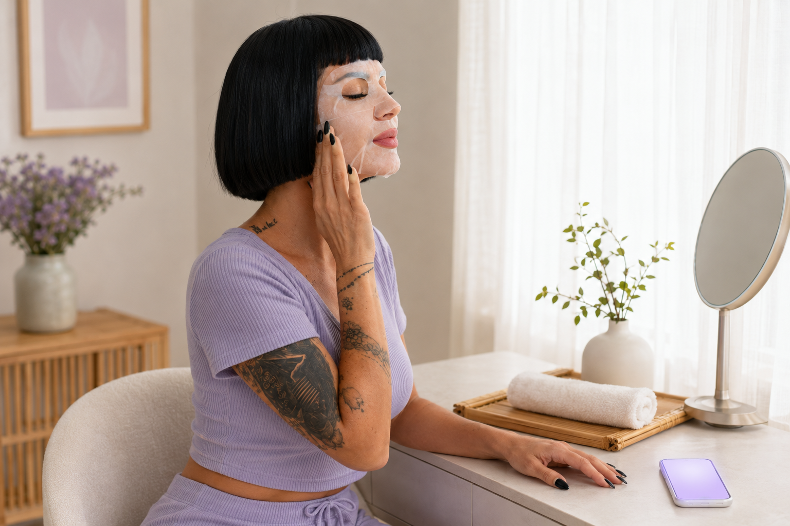 Frau glättet eine Tuchmaske an ihrer Wange während eines Self-Care-Rituals