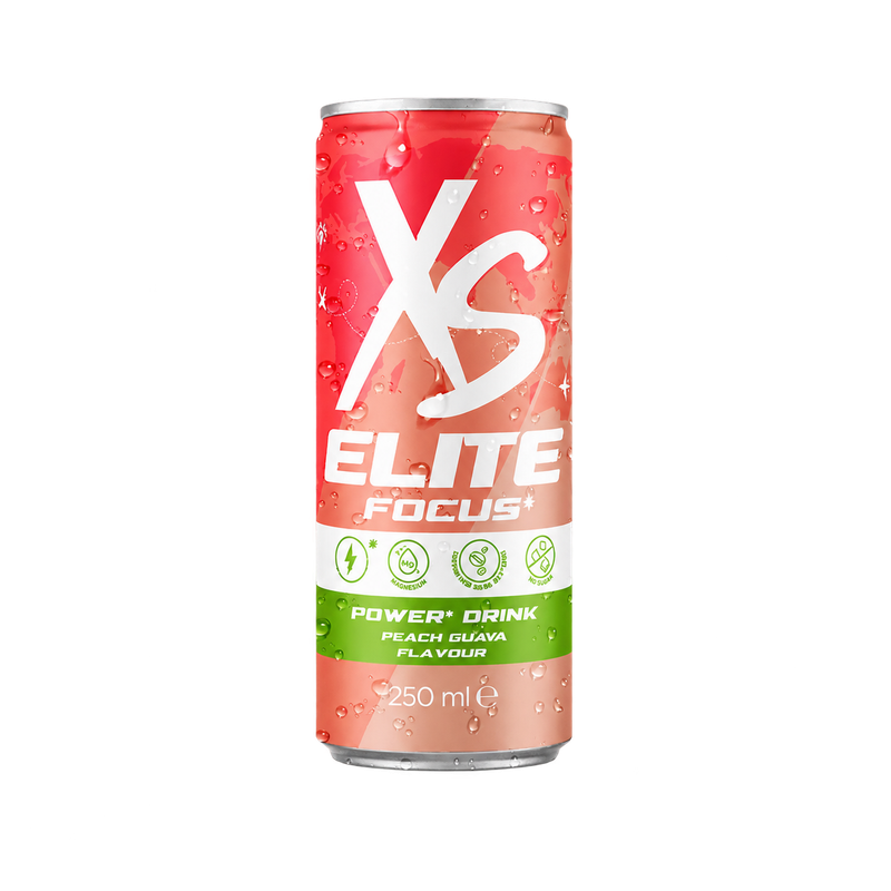Freigestellte XS Elite Focus Pfirsich-Guave Dose, 250 ml.